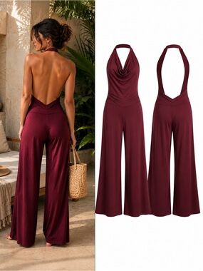 Aria Lattner Organic Bamboo Jersey Backless Halter Wide Leg Jumpsuit XL Yoga